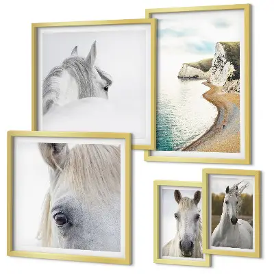 Set de 5 cuadros para salón con diseño de caballos en la playa y estilo minimalista