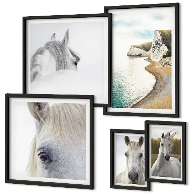 Set de 5 cuadros para salón con diseño de caballos en la playa y estilo minimalista