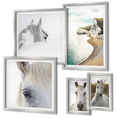 Set de 5 cuadros para salón con diseño de caballos en la playa y estilo minimalista