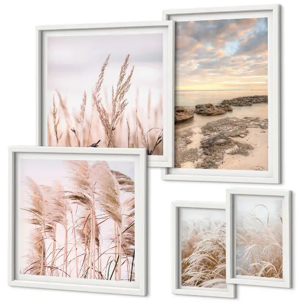 Set de 5 cuadros para salón con diseño de paisajes costeros al sol