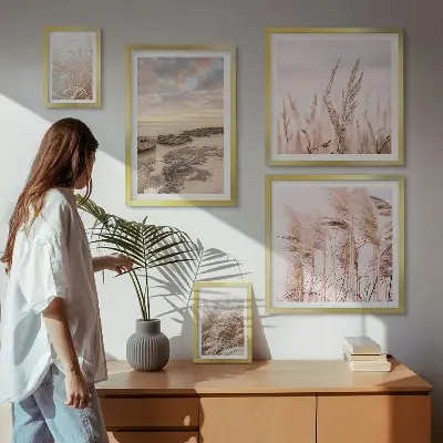 Set de 5 cuadros para salón con diseño de paisajes costeros al sol