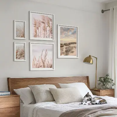 Set de 5 cuadros para salón con diseño de paisajes costeros al sol