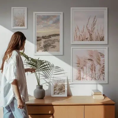 Set de 5 cuadros para salón con diseño de paisajes costeros al sol