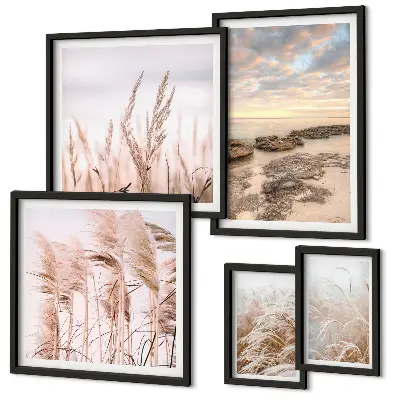 Set de 5 cuadros para salón con diseño de paisajes costeros al sol