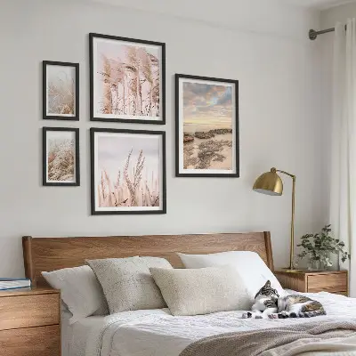 Set de 5 cuadros para salón con diseño de paisajes costeros al sol