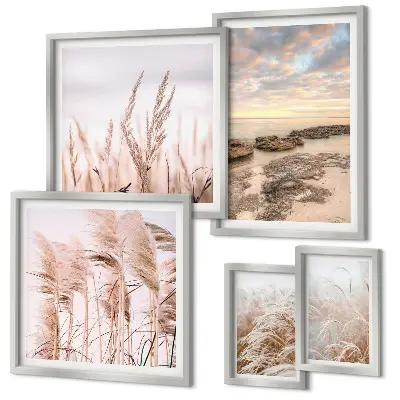 Set de 5 cuadros para salón con diseño de paisajes costeros al sol