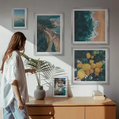 Conjunto de cuadros decorativos con paisajes de playa cítricos