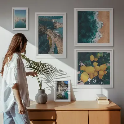 Conjunto de cuadros decorativos con paisajes de playa cítricos