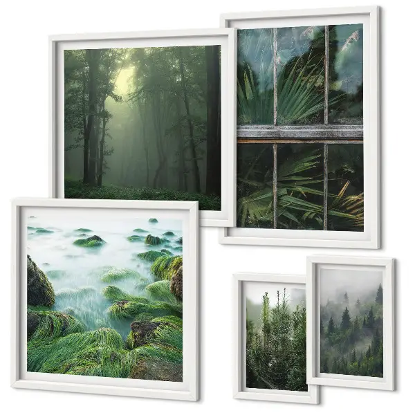 Conjunto de cuadros decorativos con paisajes de bosques y vegetación verde