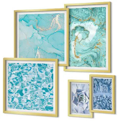 Pared galería de arte con elegantes detalles en azul turquesa