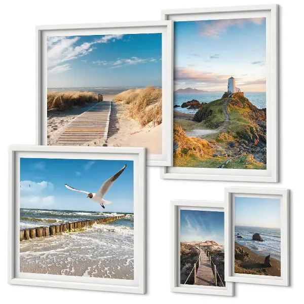 Set de 5 cuadros para salón con diseño de faros y playas costeras