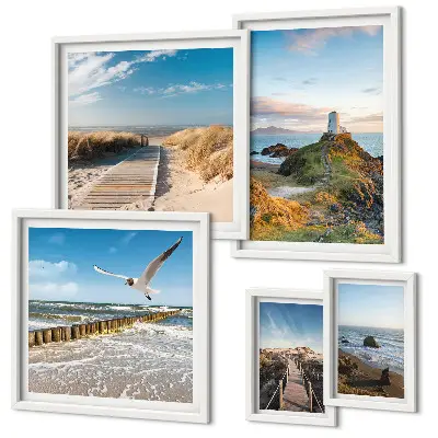 Set de 5 cuadros para salón con diseño de faros y playas costeras