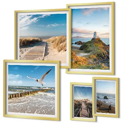 Set de 5 cuadros para salón con diseño de faros y playas costeras