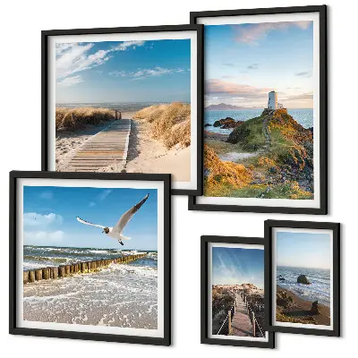 Set de 5 cuadros para salón con diseño de faros y playas costeras