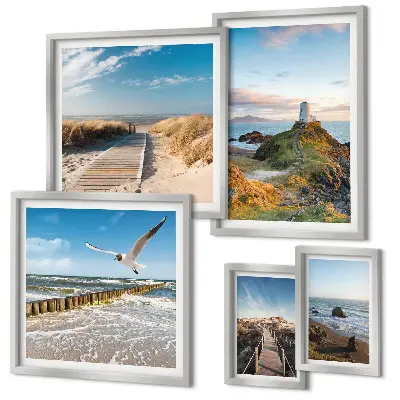 Set de 5 cuadros para salón con diseño de faros y playas costeras