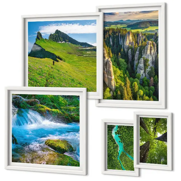 Conjunto de cuadros decorativos con diseño de paisajes de montañas, ríos y bosques