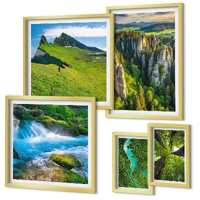 Conjunto de cuadros decorativos con diseño de paisajes de montañas, ríos y bosques