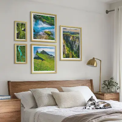 Conjunto de cuadros decorativos con diseño de paisajes de montañas, ríos y bosques