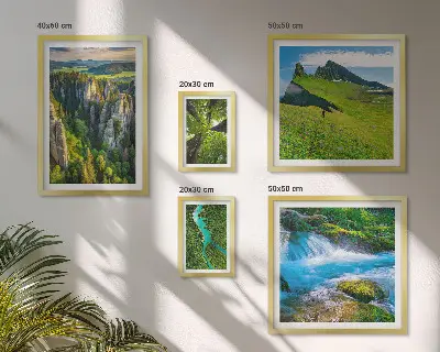 Conjunto de cuadros decorativos con diseño de paisajes de montañas, ríos y bosques
