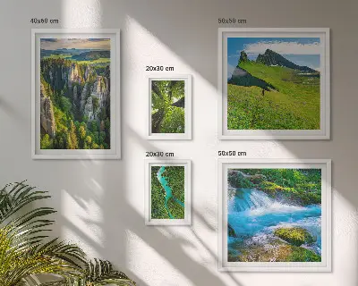 Conjunto de cuadros decorativos con diseño de paisajes de montañas, ríos y bosques