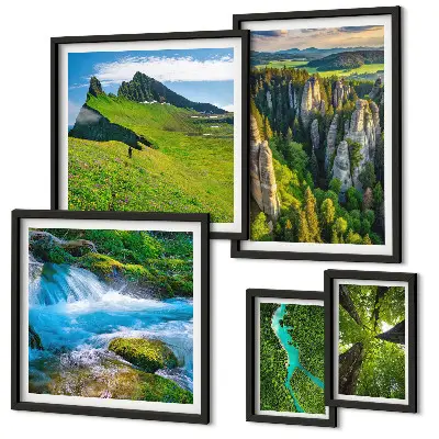 Conjunto de cuadros decorativos con diseño de paisajes de montañas, ríos y bosques