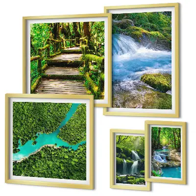 Set de 5 cuadros para salón con diseño de oasis verdes naturales en el bosque