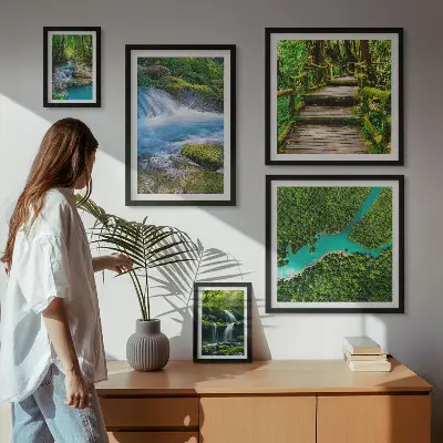 Set de 5 cuadros para salón con diseño de oasis verdes naturales en el bosque