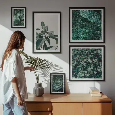 Pared galería de arte con motivos vegetales de hojas verdes