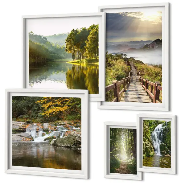 Conjunto de cuadros decorativos con paisajes naturales de cascadas y senderos forestales
