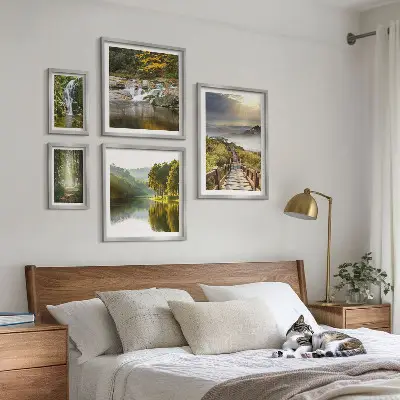 Conjunto de cuadros decorativos con paisajes naturales de cascadas y senderos forestales