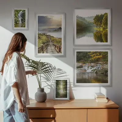 Conjunto de cuadros decorativos con paisajes naturales de cascadas y senderos forestales