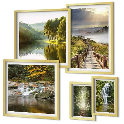 Conjunto de cuadros decorativos con paisajes naturales de cascadas y senderos forestales
