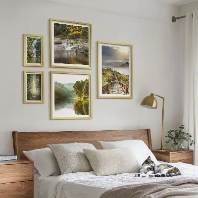 Conjunto de cuadros decorativos con paisajes naturales de cascadas y senderos forestales