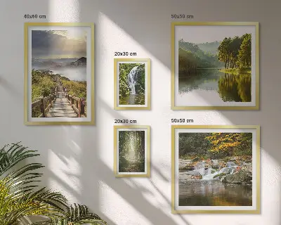 Conjunto de cuadros decorativos con paisajes naturales de cascadas y senderos forestales