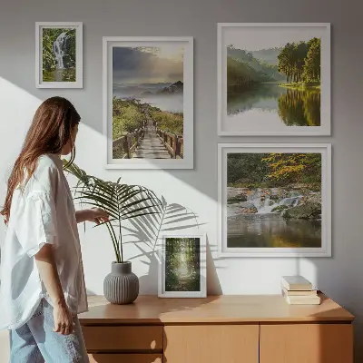 Conjunto de cuadros decorativos con paisajes naturales de cascadas y senderos forestales