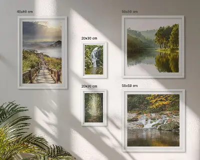 Conjunto de cuadros decorativos con paisajes naturales de cascadas y senderos forestales