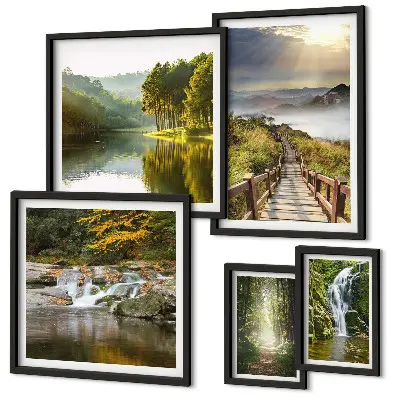 Conjunto de cuadros decorativos con paisajes naturales de cascadas y senderos forestales
