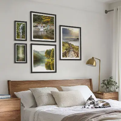 Conjunto de cuadros decorativos con paisajes naturales de cascadas y senderos forestales