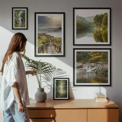 Conjunto de cuadros decorativos con paisajes naturales de cascadas y senderos forestales