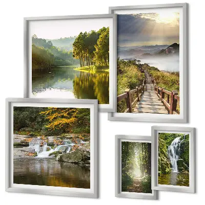 Conjunto de cuadros decorativos con paisajes naturales de cascadas y senderos forestales