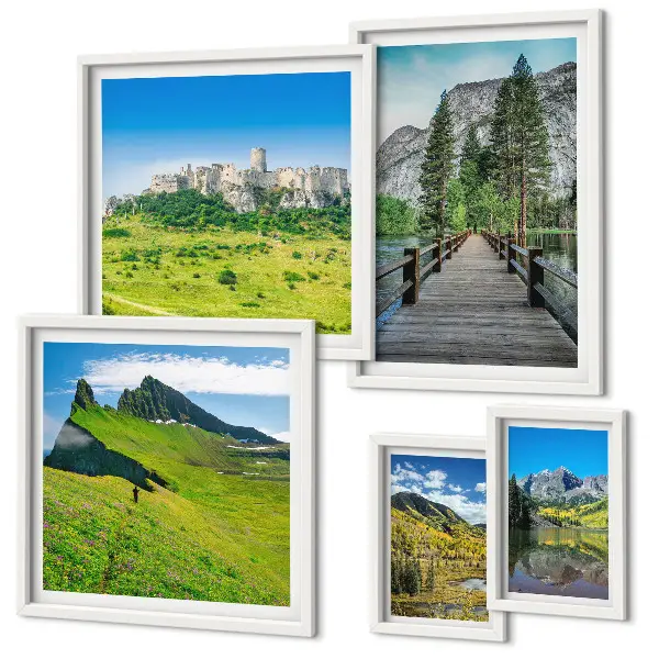 Set de 5 cuadros para salón con paisajes de montañas y cascadas