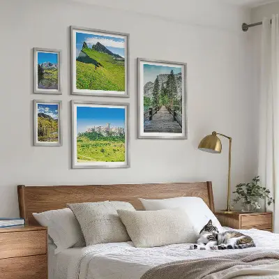 Set de 5 cuadros para salón con paisajes de montañas y cascadas
