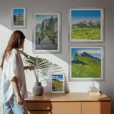 Set de 5 cuadros para salón con paisajes de montañas y cascadas