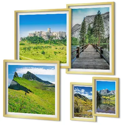 Set de 5 cuadros para salón con paisajes de montañas y cascadas