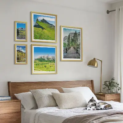 Set de 5 cuadros para salón con paisajes de montañas y cascadas