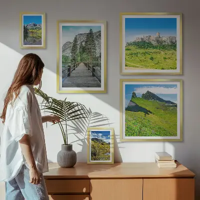 Set de 5 cuadros para salón con paisajes de montañas y cascadas