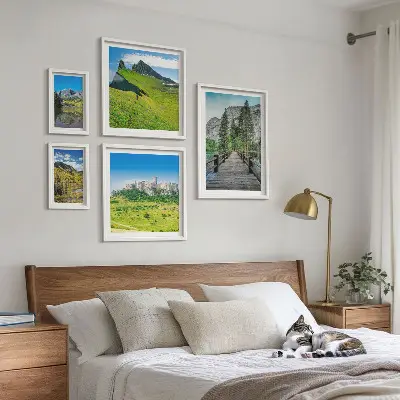 Set de 5 cuadros para salón con paisajes de montañas y cascadas