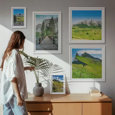 Set de 5 cuadros para salón con paisajes de montañas y cascadas