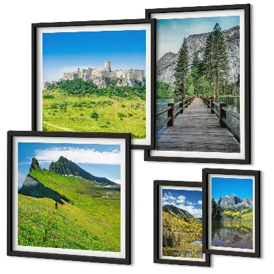 Set de 5 cuadros para salón con paisajes de montañas y cascadas