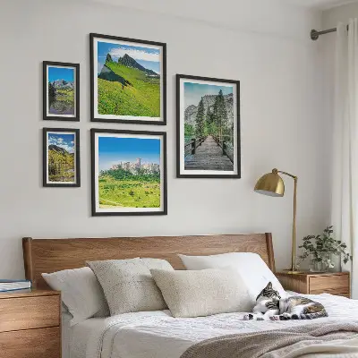 Set de 5 cuadros para salón con paisajes de montañas y cascadas